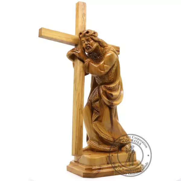 Large Hand Carved Jesus Holding, The Cross Statue, Bethlehems Olive Wood, Made in Israel, handmade, consecrated