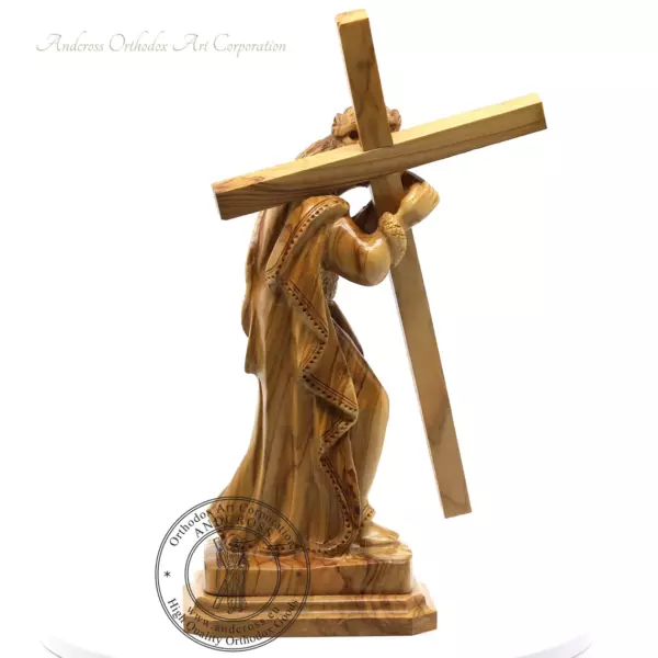 Large Hand Carved Jesus Holding, The Cross Statue, Bethlehems Olive Wood, Made in Israel, handmade, consecrated - Image 2