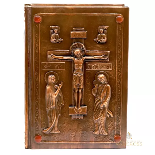 Hard Copper Cover and varnished, Bible Orthodox Book, Crucifixion of Jesus Christ, Ancient Cross, handycraft Gift Edition Russian Language - Image 2