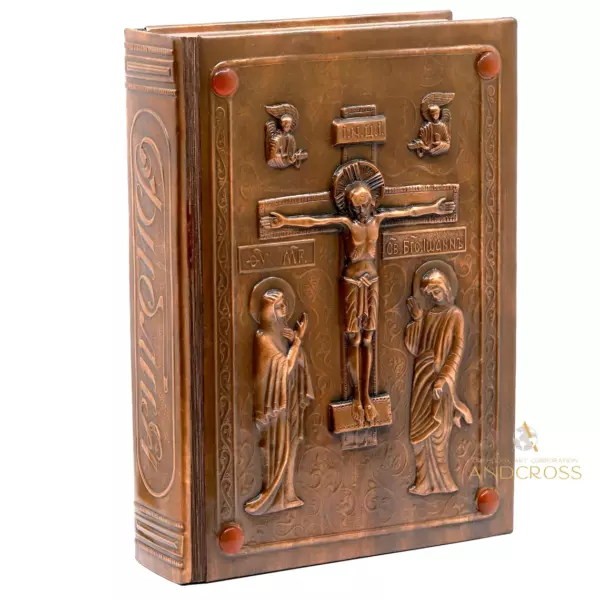 Russian Bible Orthodox Book, Hard Copper Cover and varnished, Crucifixion of Jesus Christ, Ancient Cross, handycraft Gift Edition