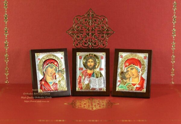 SilverPlated.999 Orthodox Icons Lord Jesus Christ. Mother of God Kazan. Mother of God Vladimir. Set of 3 icons. ( 6.4cm X 5cm ). B354