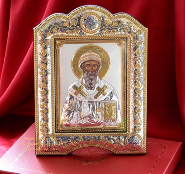 The Great Miraculous Christian Orthodox Silver Icon - The Saint Spyridon Bishop of Trimythous 21x28/Gold and silver version/Frame with glass. B251 - Image 4