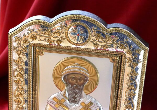 The Great Miraculous Christian Orthodox Silver Icon - The Saint Spyridon Bishop of Trimythous 21x28/Gold and silver version/Frame with glass. B251 - Image 5