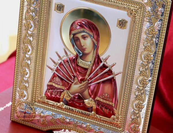 The Great Miraculous Christian Orthodox Silver Icon - The Seven Swords Mother of God 21x28 Gold and silver version/Coloured version. B336 - Image 5