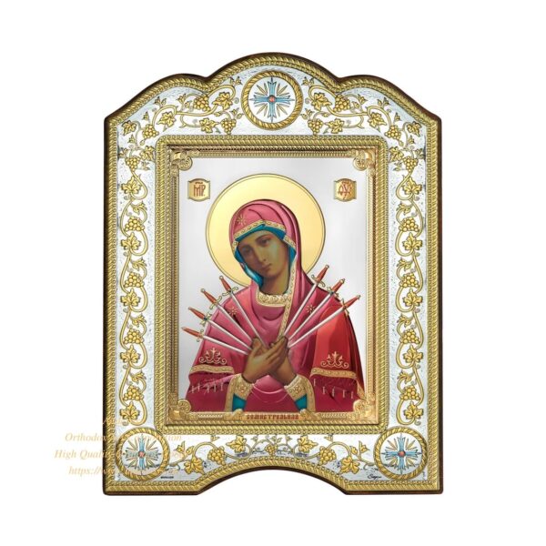 The Great Miraculous Christian Orthodox Silver Icon - The Seven Swords Mother of God 21x28 Gold and silver version/Coloured version. B336 - Image 7