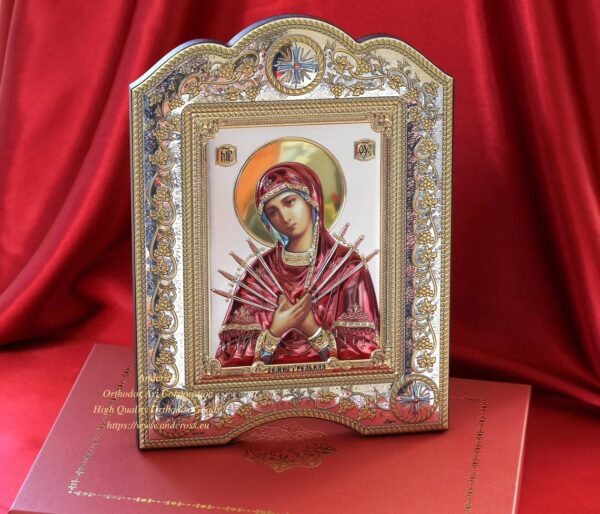 The Great Miraculous Christian Orthodox Silver Icon - The Seven Swords Mother of God 21x28 Gold and silver version/Coloured version. B336