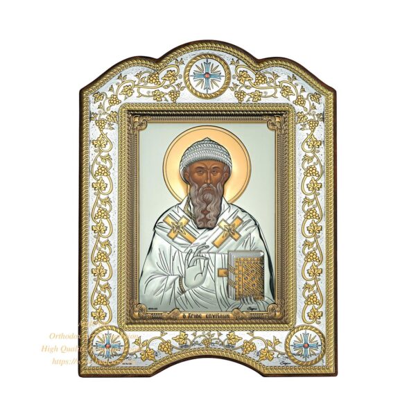 The Great Miraculous Christian Orthodox Silver Icon - The Saint Spyridon Bishop of Trimythous 21x28/Gold and silver version/Frame with glass. B251 - Image 3