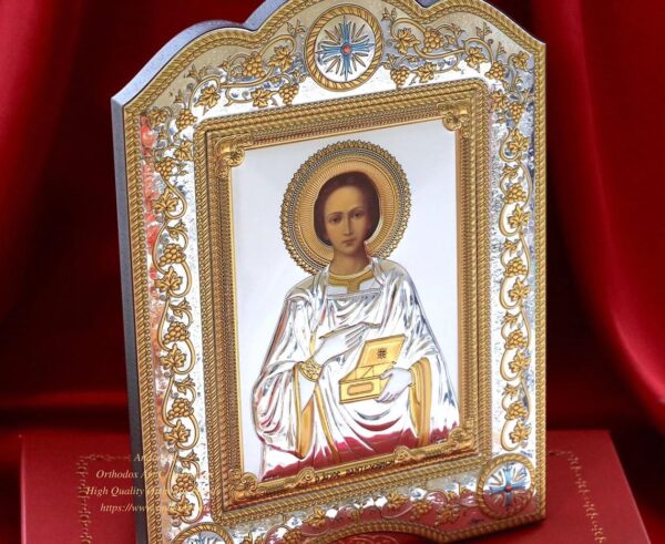 The Great Miraculous Christian Orthodox Silver Icon - The Saint Panteleimon The Great Martyr and Healer 21x28 Gold and silver version. B368 - Image 2