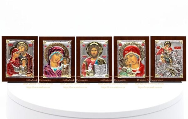 SilverPlated.999 Set of 5 icons.Lord Jesus Christ. Mother of God Kazan. Mother of God Vladimir. Holy Family. St George. icons (6.4cm X 5cm). B323