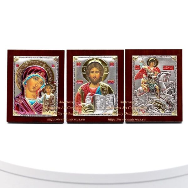 Silver Plated .999. Orthodox Icons. Lord Jesus Christ, Mother of God Kazan, St George Warrior. Set of 3 icons. ( 6.4cm X 5cm ). B320