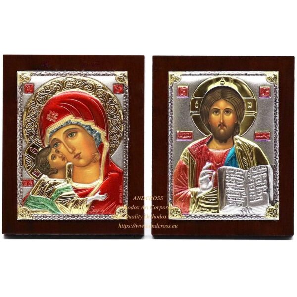 Silver Plated .999 Orthodox Icons Mother of God Vladimir, Lord Jesus Christ. Set of 2 icons. (6.4cm X 5cm).B318