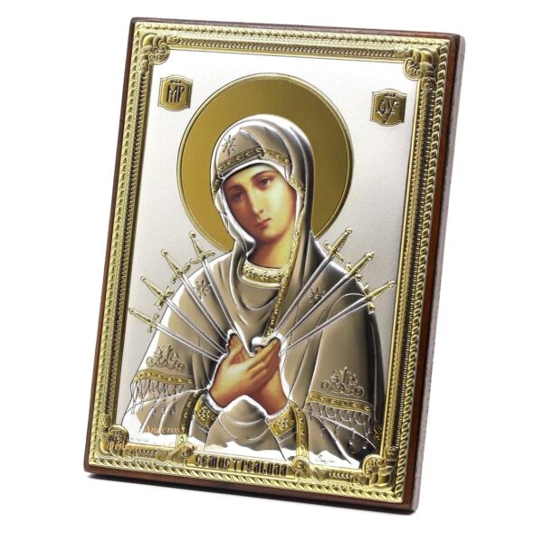 Mother of God of the Seven Arrows, Wooden Christian Orthodox Icon 999 Silver-Plated, Handmade, Gift box, Queen of Heaven Seven Arrows. B375 - Image 2