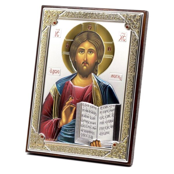 Jesus Christ Pantocrator, Handmade Orthodox Christian Icon Wood and Silver Plating 999, Handmade, Gift box, 12 rare postcards Russian icon. B389 - Image 2