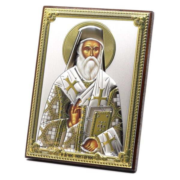 Saint Nektarios Orthodox Wooden Icon Silver Plated 999 Handmade, Gift case, 12 rare postcards Russian icon five languages. B391 - Image 2