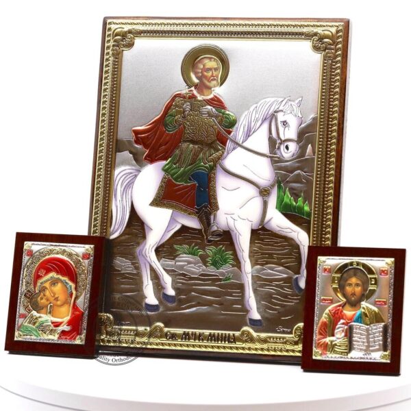 Saint Mina Wonderworker, 2 Small Icons Set, Orthodox Icon Silver Plated 999 handmade, Christian Silver Handmade Icon, Gift box. B386 - Image 2