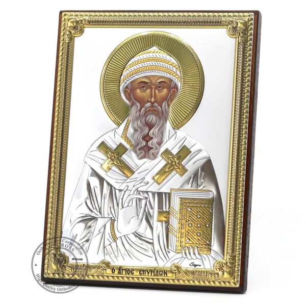 Saint Spyridon the Wonderworker, Christian Orthodox Icon Silver 999 and Wood, Handmade, Gift box, St Spyridon of Trymithous. B371 - Image 2