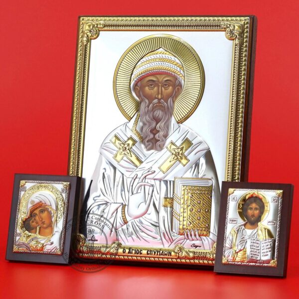 St Spyridon Orthodox Christian Set, Handmade Icons Fine silver 999, 2 Small Silver Icons, Gift case. B385 - Image 2