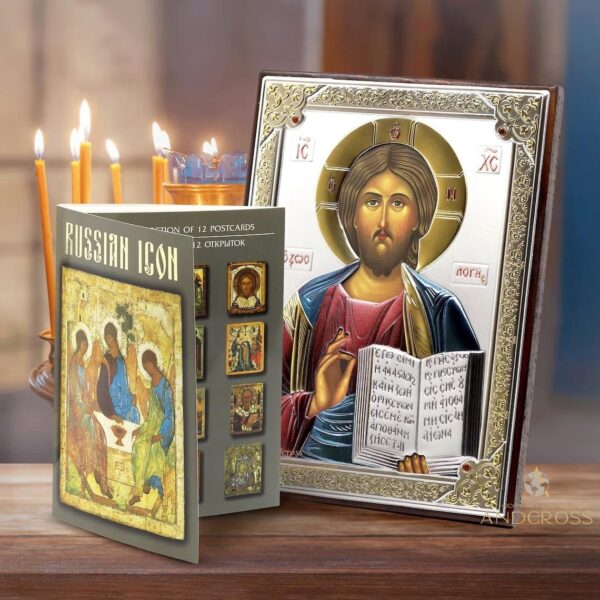 Jesus Christ Pantocrator, Handmade Orthodox Christian Icon Wood and Silver Plating 999, Handmade, Gift box, 12 rare postcards Russian icon. B389