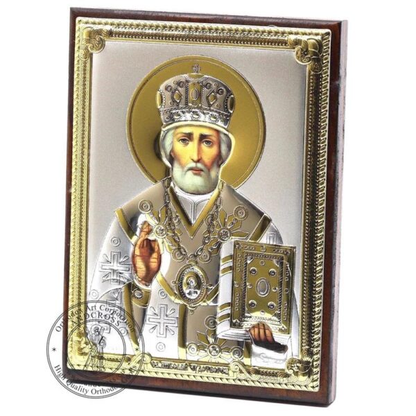 Saint Nicholas Wonderworker. Orthodox Wooden Icon Silver Plated .999 ( 3.1" X 4.3" ) 8cm X 11cm. Handmade. Gift case. B423