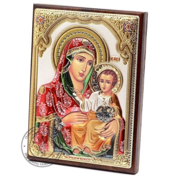 The Jerusalem Icon of the Mother of God, Handmade Wooden Orthodox Icon Silver Plated 999 Silver, Gift case. B405 - Image 2