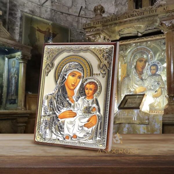 The Jerusalem Icon of the Mother of God, Handmade Wooden Christian Orthodox Icon Silver Plated 999, Gift box, Virgin Mary Of Jerusalem. B404