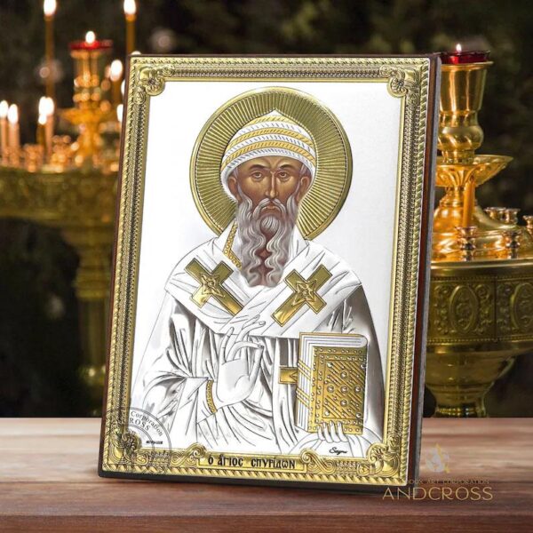 Saint Spyridon the Wonderworker, Christian Orthodox Icon Silver 999 and Wood, Handmade, Gift box, St Spyridon of Trymithous. B371