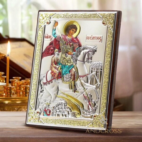 Saint George Warrior Silver Plated 999 Wooden Orthodox Сhristian icon, Handmade, Gift box. B157