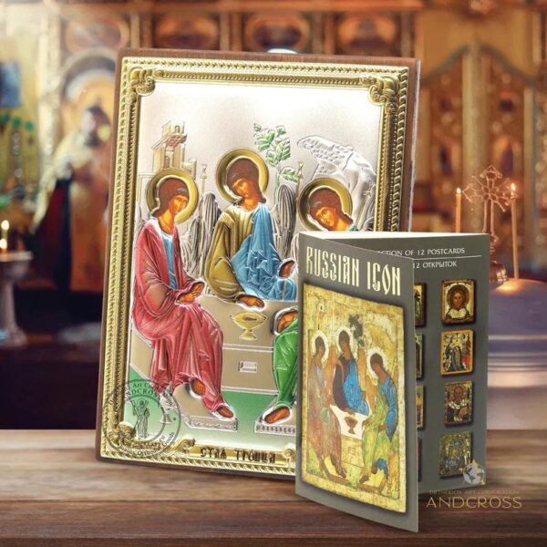 The Holy Trinity, The Trinity Icon, Set of 12 rare Postcards With Icons, Silver-Plated Orthodox Icon, handmade, coloured 999 silver plating. B402