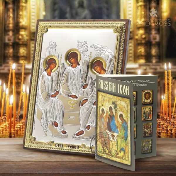 Holy Trinity Icon Handmade Christian Wooden Orthodox Icon Silver Plated 999 Silver, Gift case, Rare Post Cards Set 12 of Russian Icons. B401