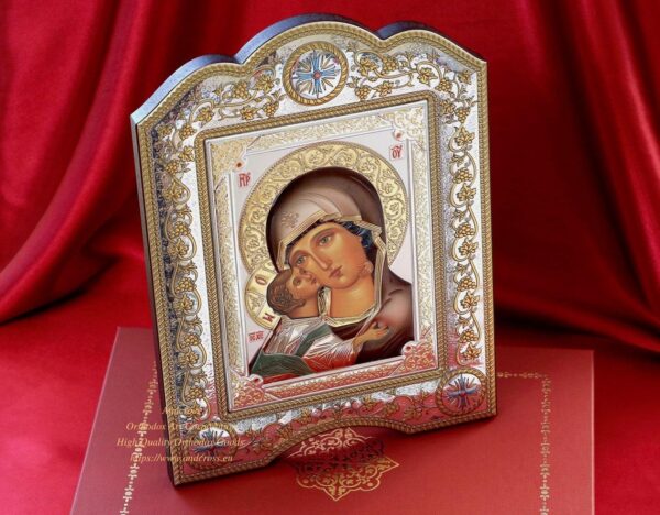 The Great Miraculous Christian Orthodox Silver Icon - The Vladimir Mother of God/Gold and silver version/Coloured version. B272