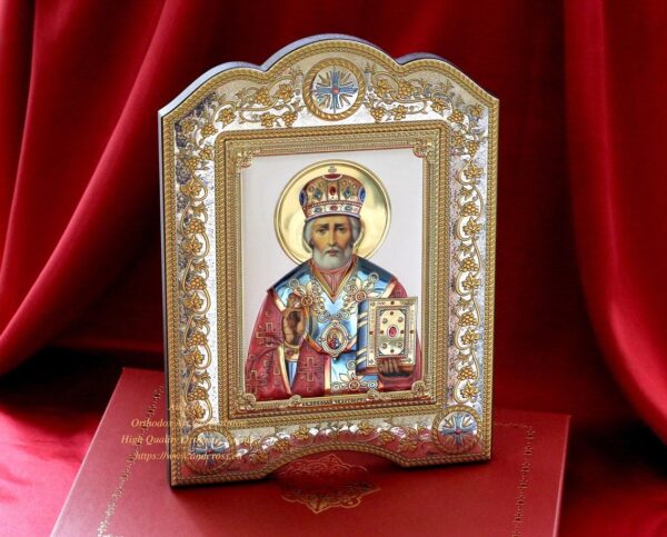 THE SAINT NICHOLAS WONDERWORKER 21×28 GOLD AND SILVER 999 ORTHODOX ICON /COLOURED VERSION, B273 - Image 9