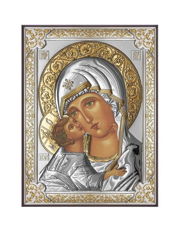 Our Lady of Vladimir, Orthodox Icon Wood and Silver Plating 999 Handmade, Christian Silver Handmade Icon, Gift box. B261 - Image 2