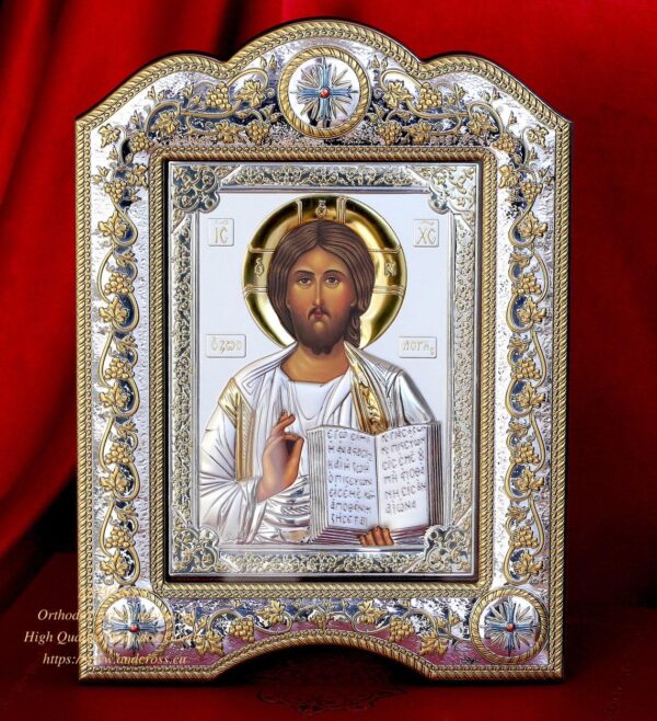 THE CHRIST PANTOCRATOR, CHRISTIAN ORTHODOX SILVER ICON  21×28 GOLD AND SILVER VERSION/FRAME WITH GLASS,THE GREAT MIRACULOUS CHRISTIAN, B268 - Image 2