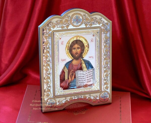 The Great Miraculous Christian Orthodox Silver icon- Christ Pantocrator 21x28 Gold and silver version/Coloured version. B269 - Image 2