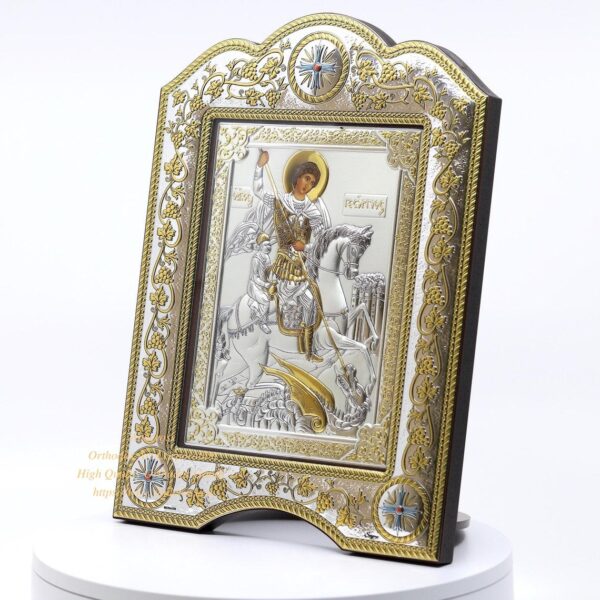 The Great Miraculous Christian Orthodox Silver icon-Of St. George The Victorious. 21cmx28cm Gold and Silver Version/Frame with glass. B112 - Image 8