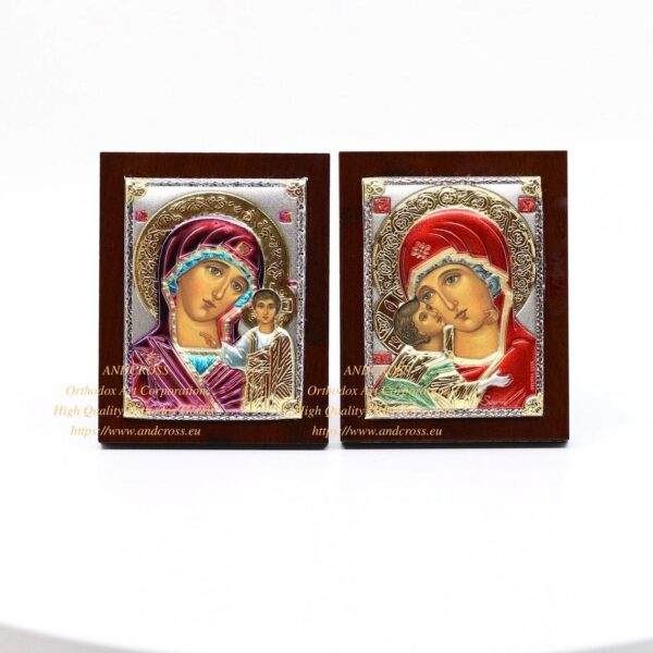 Set of 2 Small Russian Orthodox Icons Mother of God Kazan, Mother of God Vladimir. Silver Plated .999 ( 6cm X 4cm ). B121