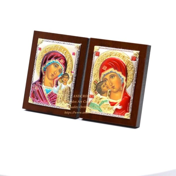 Set of 2 Small Russian Orthodox Icons Mother of God Kazan, Mother of God Vladimir. Silver Plated .999 ( 6cm X 4cm ). B121 - Image 4