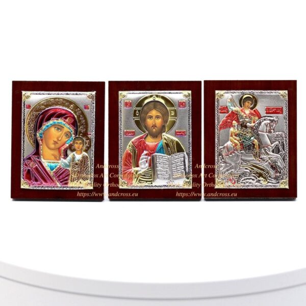 Set of 3 Small Russian Orthodox Icons Lord Jesus Christ, Mother of God Kazan, St George Warrior. Silver Plated .999 ( 6cm X 4cm ). B123