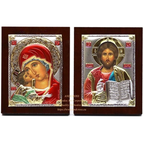 Set of 2 Small Russian Orthodox Icons Mother of God Vladimir, Lord Jesus Christ. Silver Plated .999 ( 6cm X 4cm ). B125