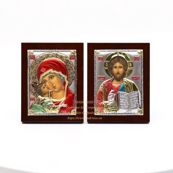 Set of 2 Small Russian Orthodox Icons Mother of God Vladimir, Lord Jesus Christ. Silver Plated .999 ( 6cm X 4cm ). B125 - Image 3