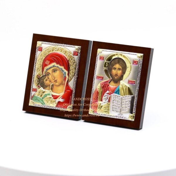 Set of 2 Small Russian Orthodox Icons Mother of God Vladimir, Lord Jesus Christ. Silver Plated .999 ( 6cm X 4cm ). B125 - Image 5