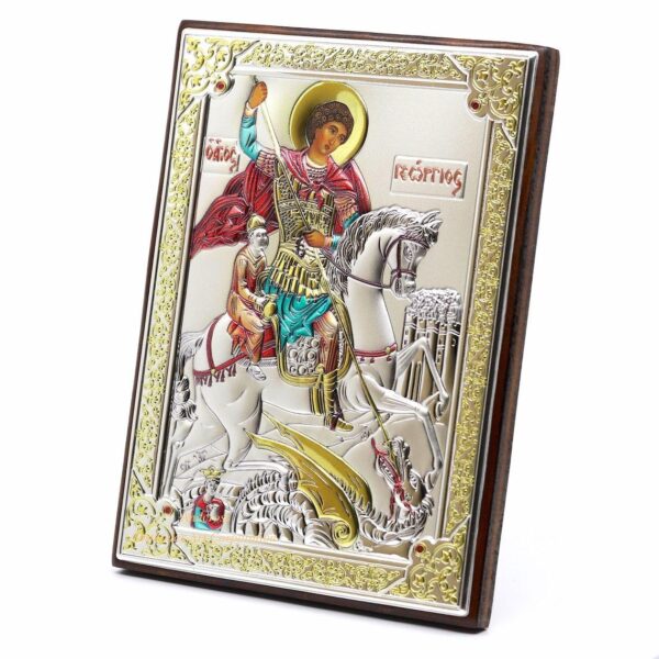 Saint George Warrior Silver Plated 999 Wooden Orthodox Сhristian icon, Handmade, Gift box. B157 - Image 2