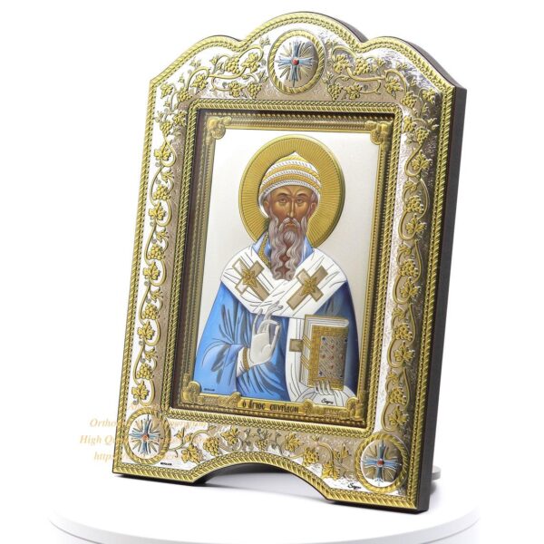 The Great Miraculous Christian Orthodox Silver Icon The Saint Spyridon Bishop of Trimythous 21x28/Gold and silver version/Frame with glass. B105 - Image 3