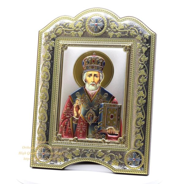 The Great Miraculous Christian Orthodox Silver Icon - The Saint Nicholas Wonderworker 21cmx28cm Gold and silver version/Coloured version. B107 - Image 2