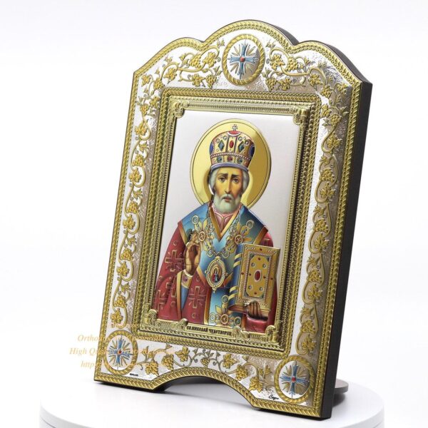 The Great Miraculous Christian Orthodox Silver Icon - The Saint Nicholas Wonderworker 21cmx28cm Gold and silver version/Coloured version. B107 - Image 3