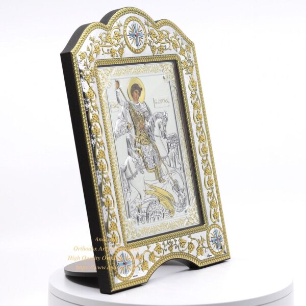 The Great Miraculous Christian Orthodox Silver icon-Of St. George The Victorious. 21cmx28cm Gold and Silver Version/Frame with glass. B112 - Image 3