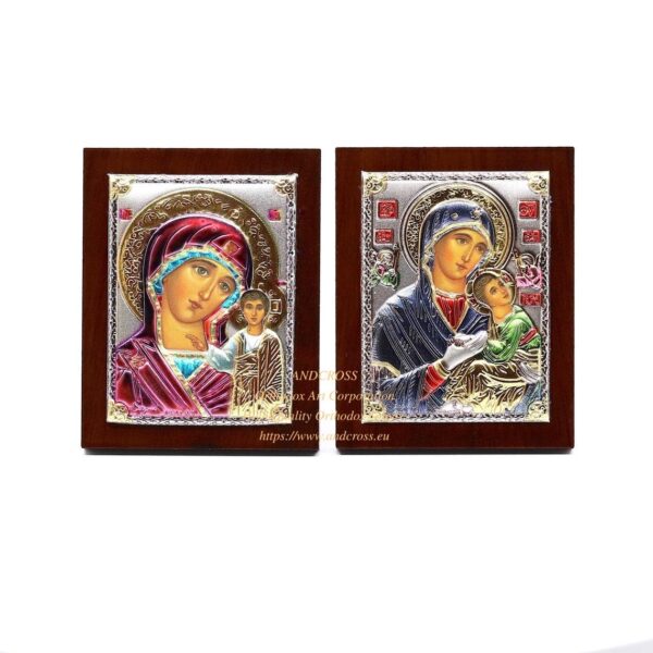 Set of 2 Small Russian Orthodox Icons Mother of God Amolyntos, Mother of God Kazan. Silver Plated .999 ( 6cm X 4cm ). B130 - Image 2