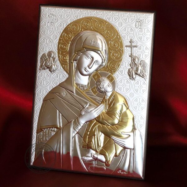 Christian Wood Icon The Theotokos of the Passion. Silver Plated .999 Oklad Riza ( 7.0" X 5.2" ) 18cm X 13cm. B255 - Image 2