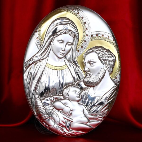 Large Christian Wood Icon Holy Family with Baby Jesus. Silver Plated .999 Oklad Riza ( 13.1" X 9.9" ) 33cm X 25cm. B253 - Image 2