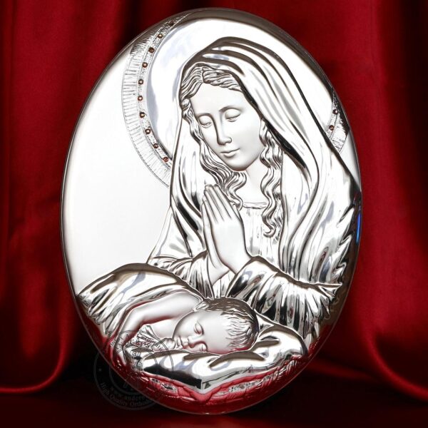 Large Christian Wood Icon Virgin Mary Praying Over Baby Jesus. Silver Plated .999 Oklad Riza ( 13.1" X 9.9" ) 33cm X 25cm. B252 - Image 4